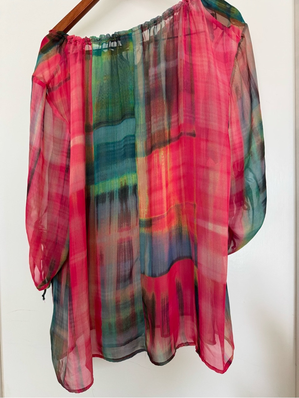 Catherines Sheer Multicolor Tie-Neck Tunic - Pink & Green - Picture 2 of 5